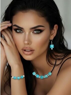 Vintage Beaded Jewelry Set Shimmer Beads Necklace Earrings Bracelet Blue Black